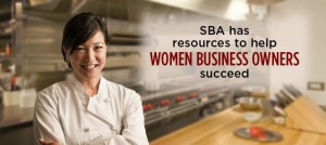 This image features a woman chef standing in a kitchen, in front of a professional bakery setup with a sign that reads "SBA has resources to help WOMEN BUSINESS OWNERS SUCCEED."