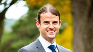 Man in suit standing outdoors.